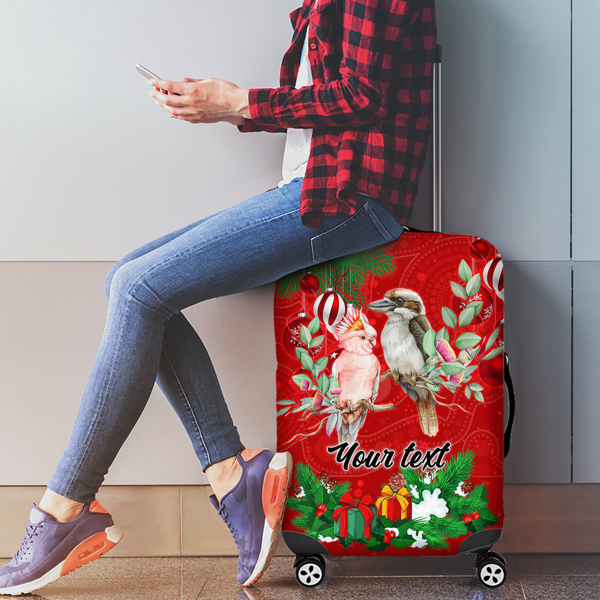 personalised-kookaburra-lover-luggage-cover-australia-merry-christmas-aboriginal-red-style