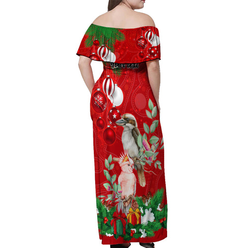personalised-kookaburra-lover-off-shoulder-maxi-dress-australia-merry-christmas-aboriginal-red-style