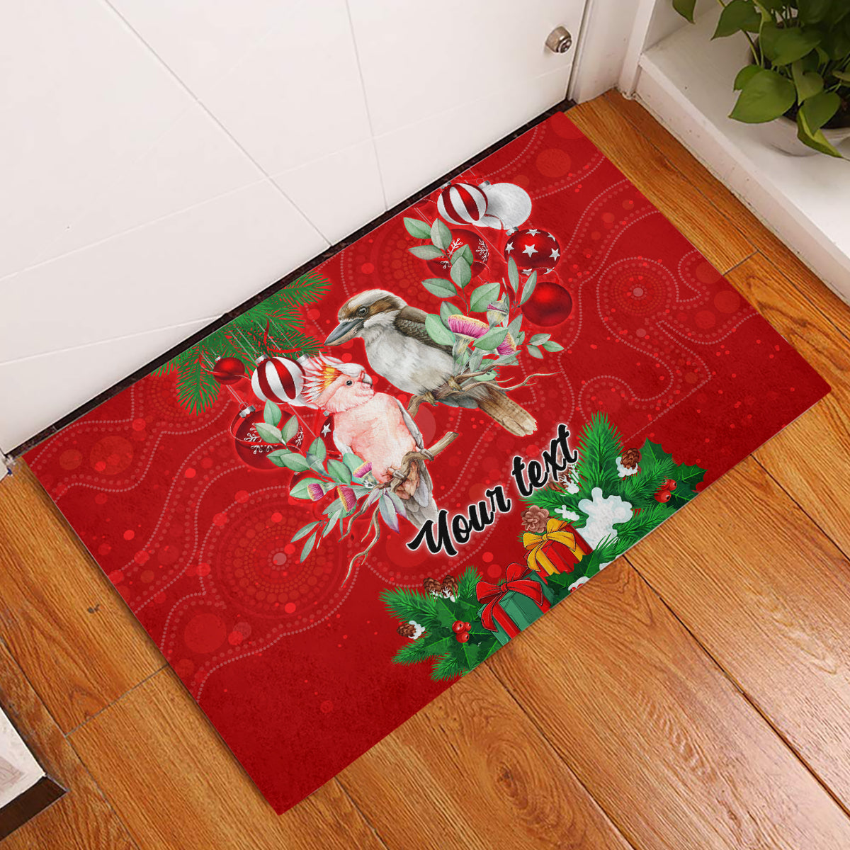 personalised-kookaburra-lover-rubber-doormat-australia-merry-christmas-aboriginal-red-style