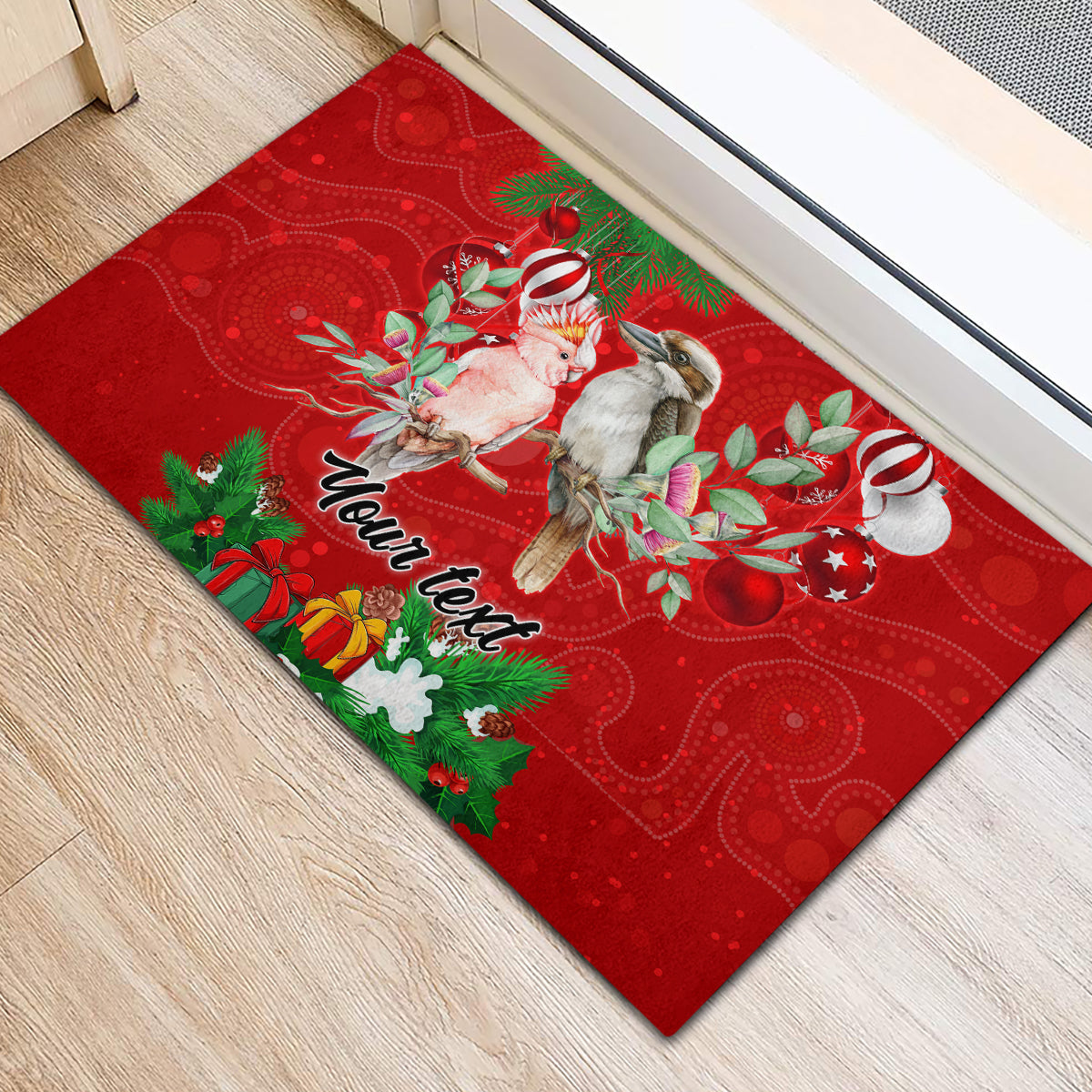 personalised-kookaburra-lover-rubber-doormat-australia-merry-christmas-aboriginal-red-style