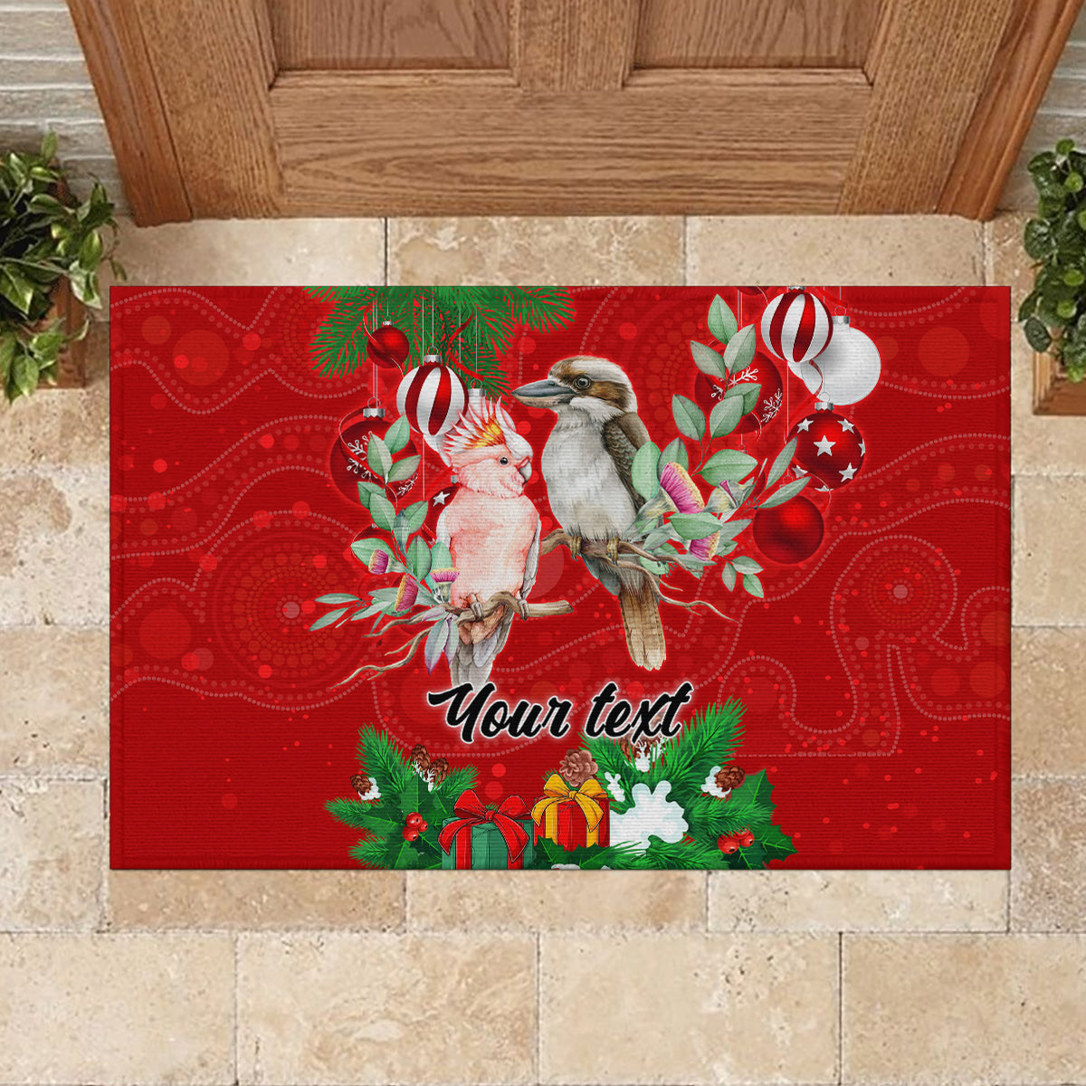 personalised-kookaburra-lover-rubber-doormat-australia-merry-christmas-aboriginal-red-style