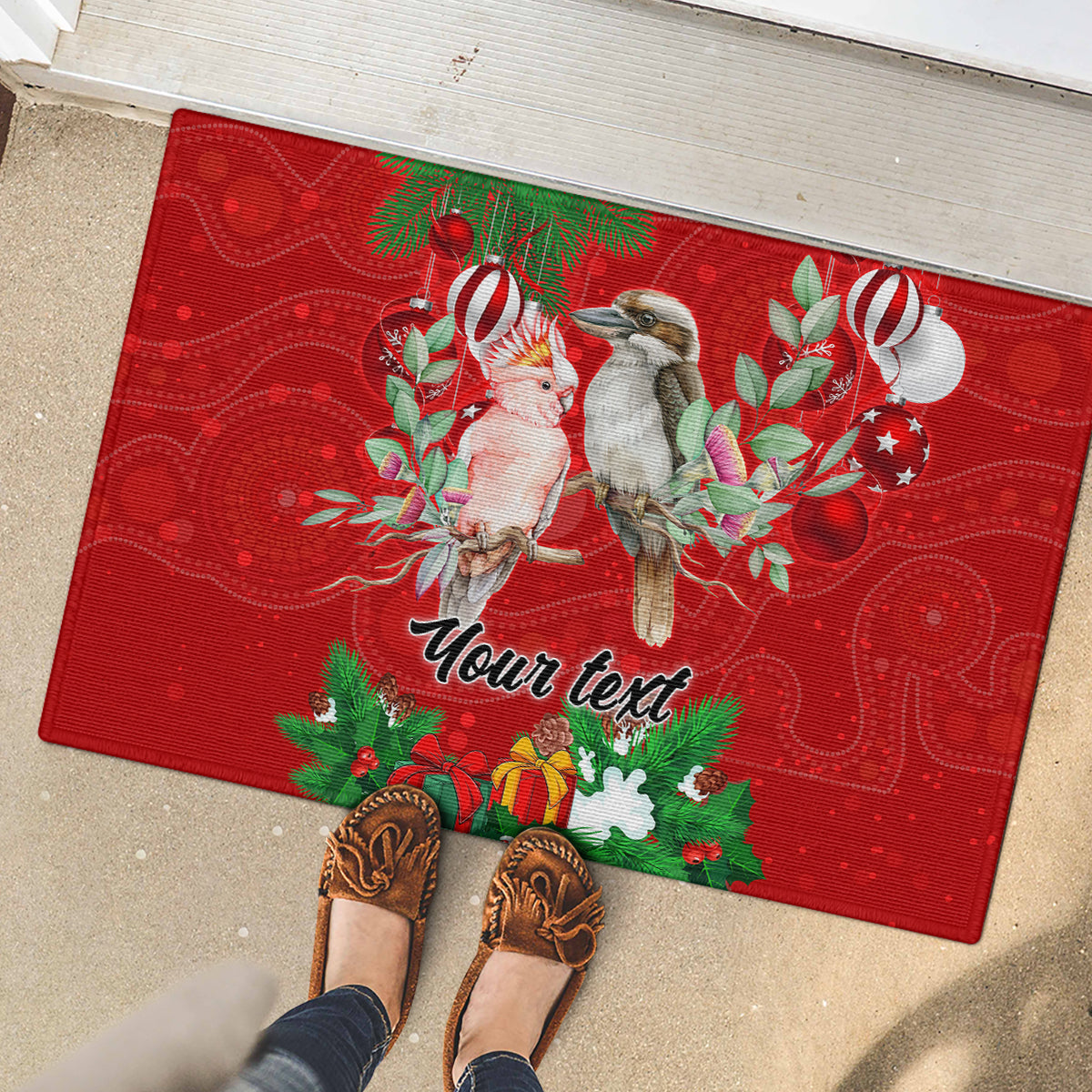 personalised-kookaburra-lover-rubber-doormat-australia-merry-christmas-aboriginal-red-style