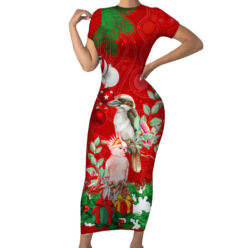 personalised-kookaburra-lover-short-sleeve-bodycon-dress-australia-merry-christmas-aboriginal-red-style