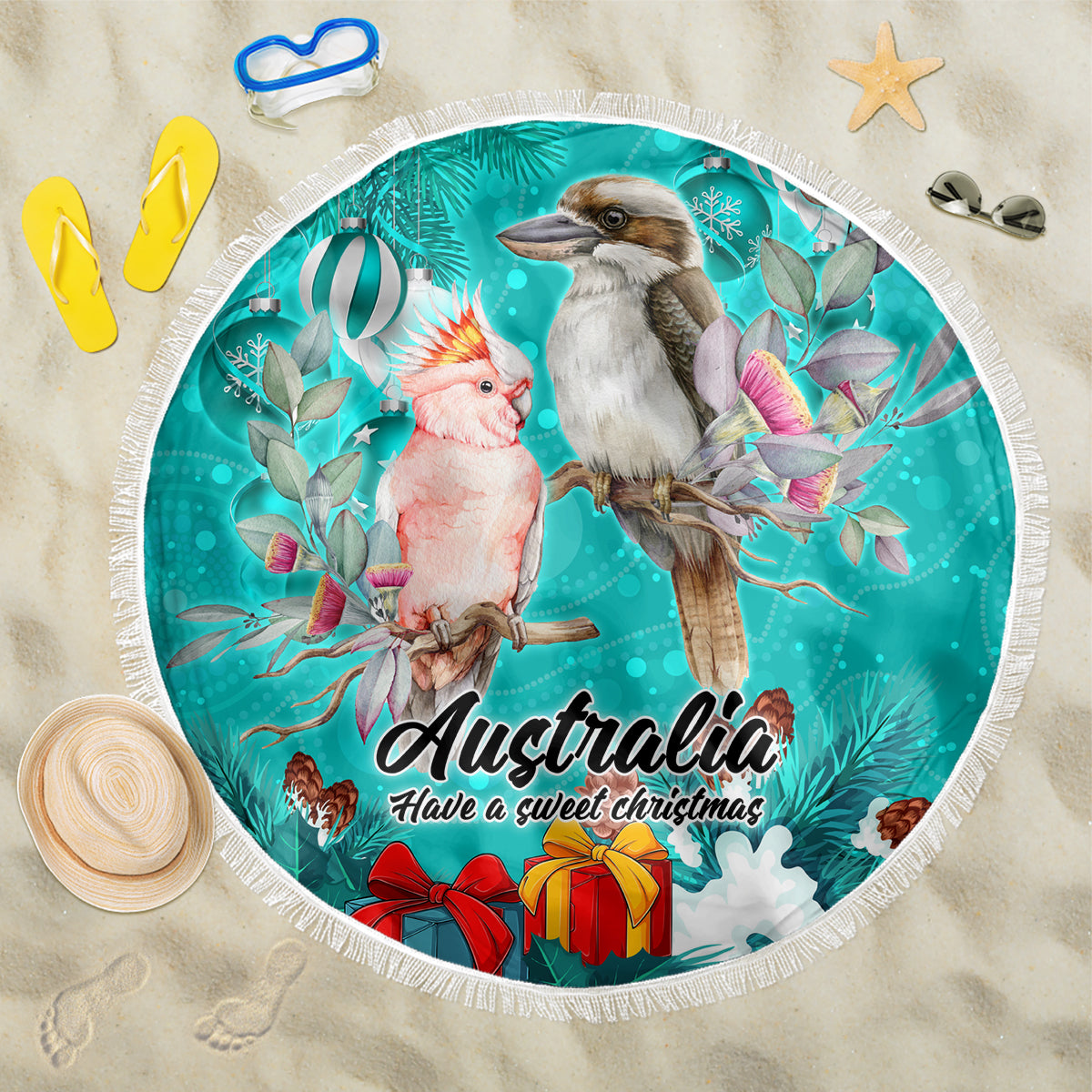 kookaburra-and-cockatoo-beach-blanket-australia-merry-christmas-aboriginal-teal-style