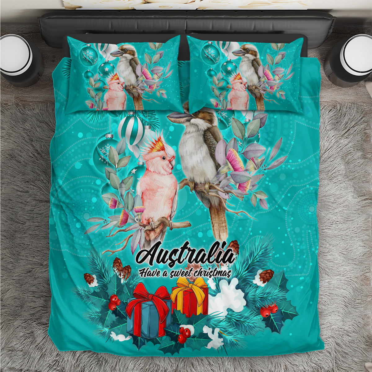 kookaburra-and-cockatoo-bedding-set-australia-merry-christmas-aboriginal-teal-style