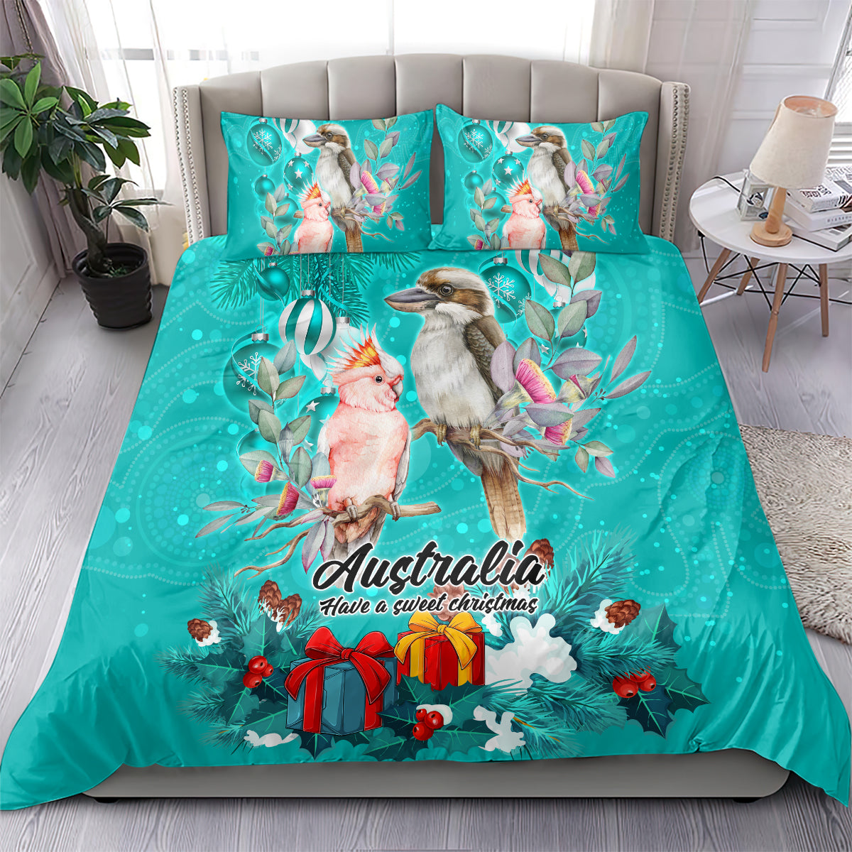 kookaburra-and-cockatoo-bedding-set-australia-merry-christmas-aboriginal-teal-style