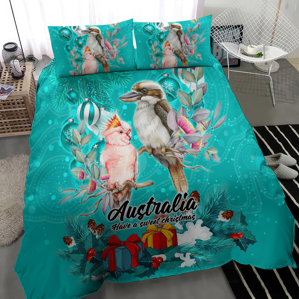 kookaburra-and-cockatoo-bedding-set-australia-merry-christmas-aboriginal-teal-style