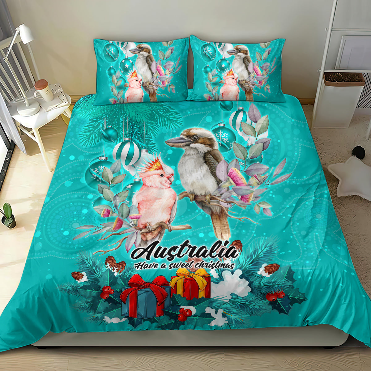 kookaburra-and-cockatoo-bedding-set-australia-merry-christmas-aboriginal-teal-style