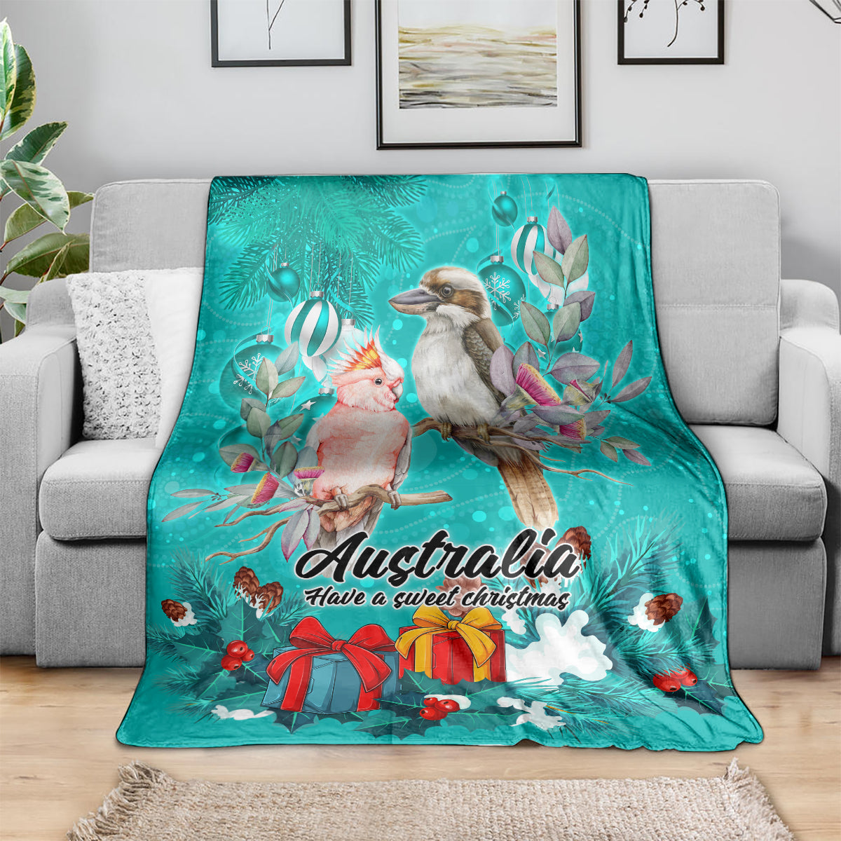 kookaburra-and-cockatoo-blanket-australia-merry-christmas-aboriginal-teal-style