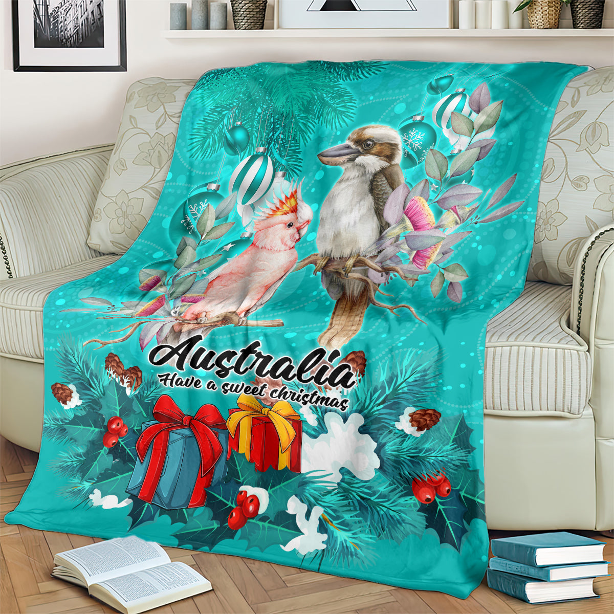 kookaburra-and-cockatoo-blanket-australia-merry-christmas-aboriginal-teal-style