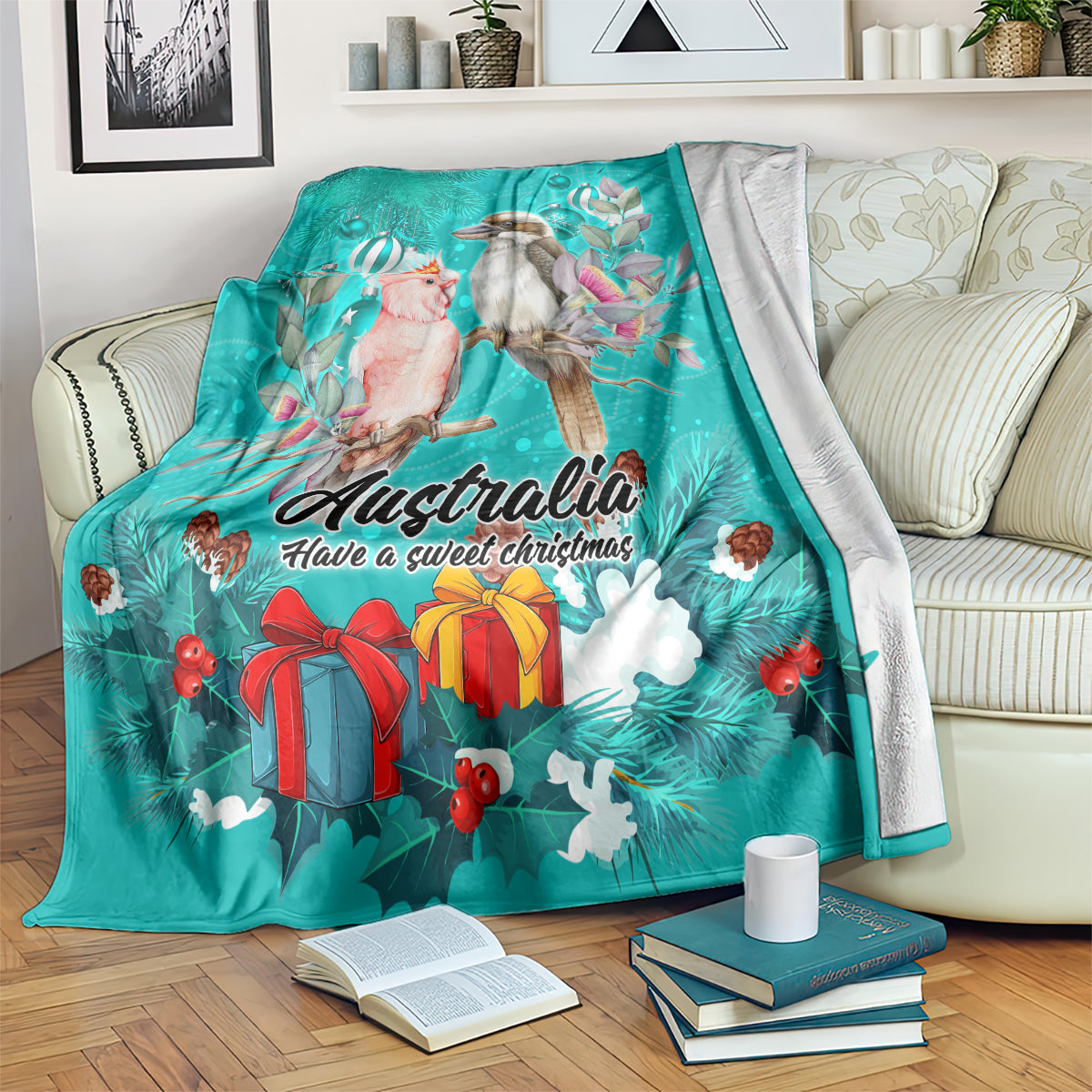 kookaburra-and-cockatoo-blanket-australia-merry-christmas-aboriginal-teal-style