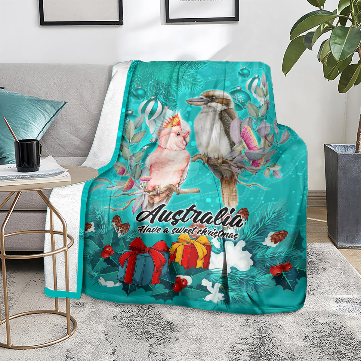 kookaburra-and-cockatoo-blanket-australia-merry-christmas-aboriginal-teal-style