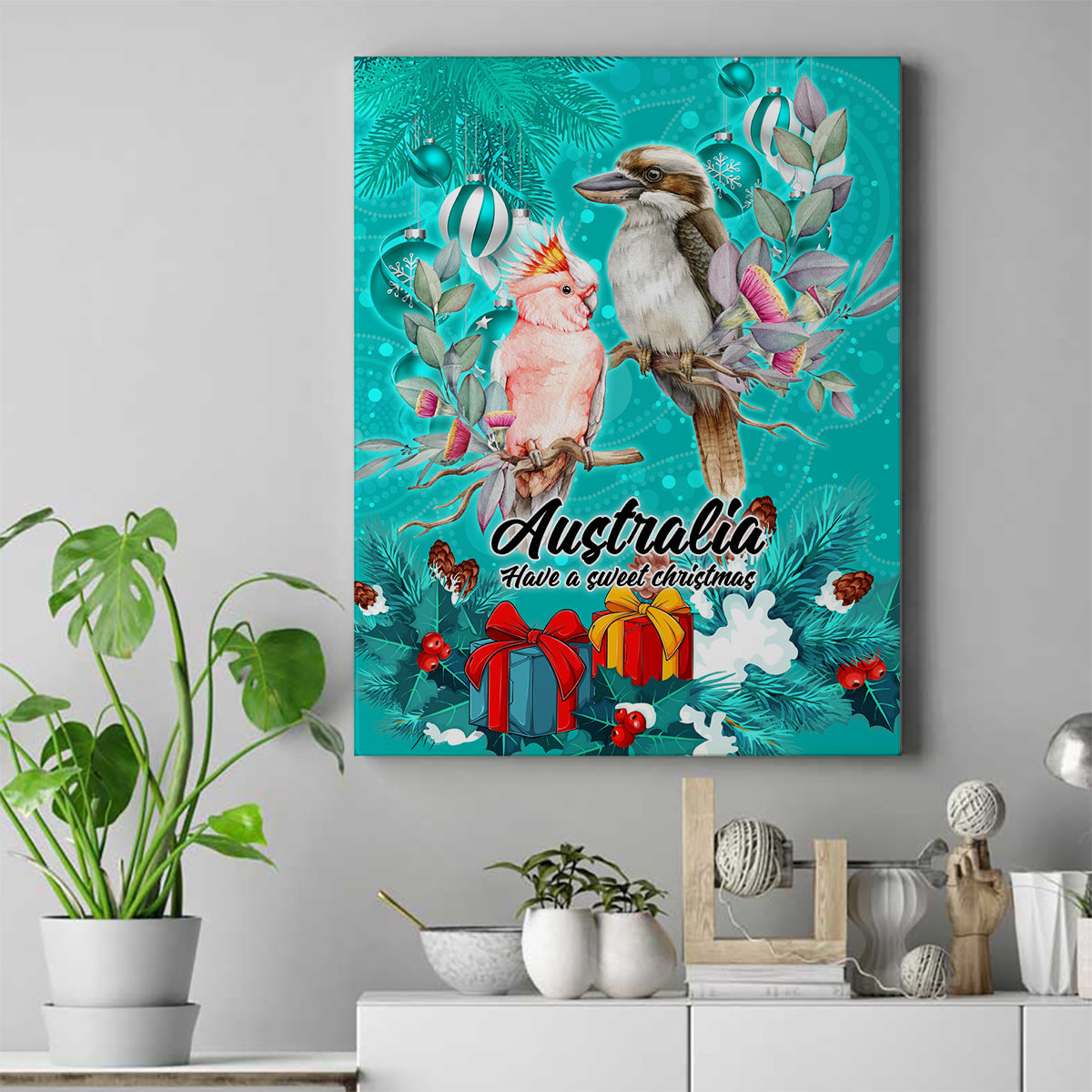 kookaburra-and-cockatoo-canvas-wall-art-australia-merry-christmas-aboriginal-teal-style