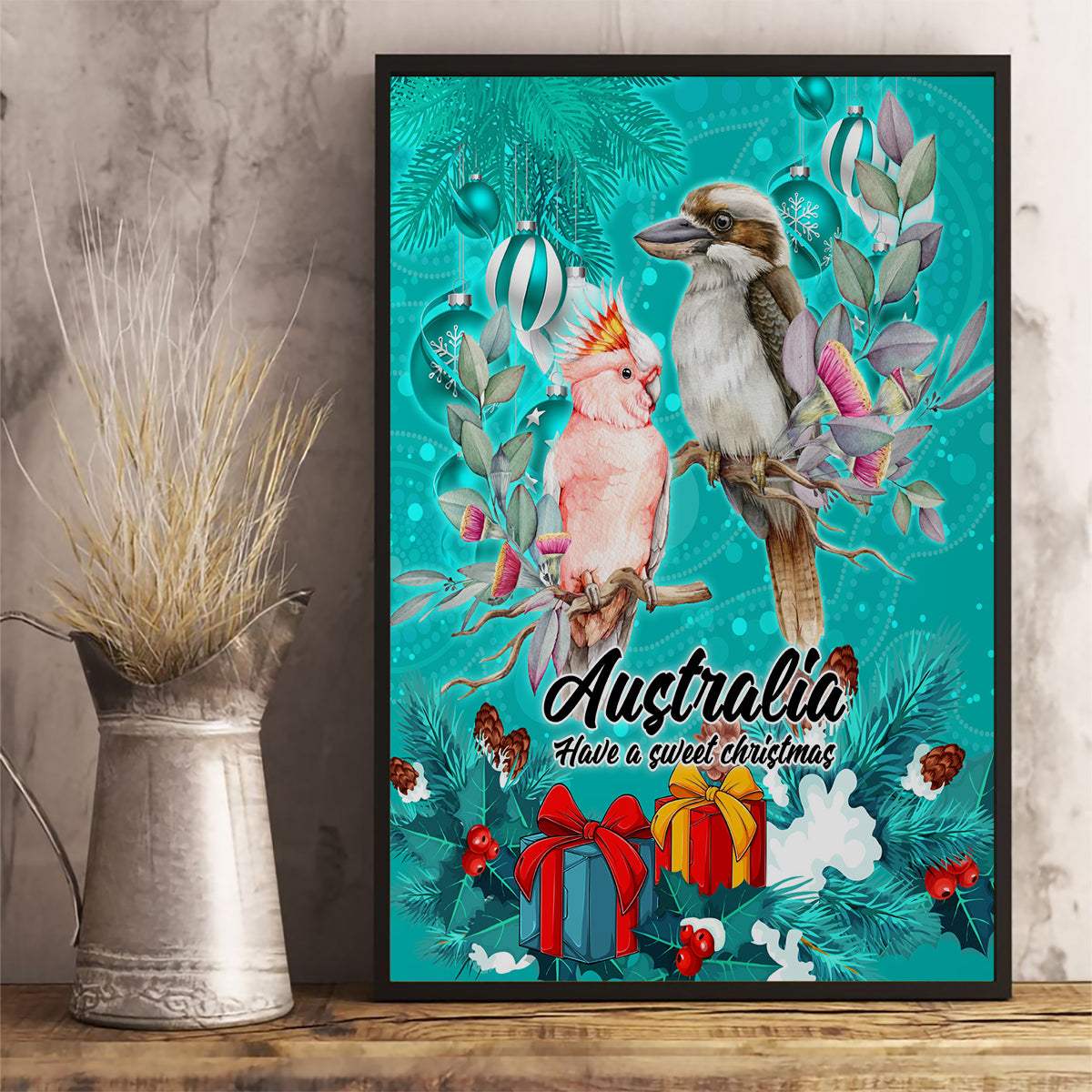kookaburra-and-cockatoo-canvas-wall-art-australia-merry-christmas-aboriginal-teal-style