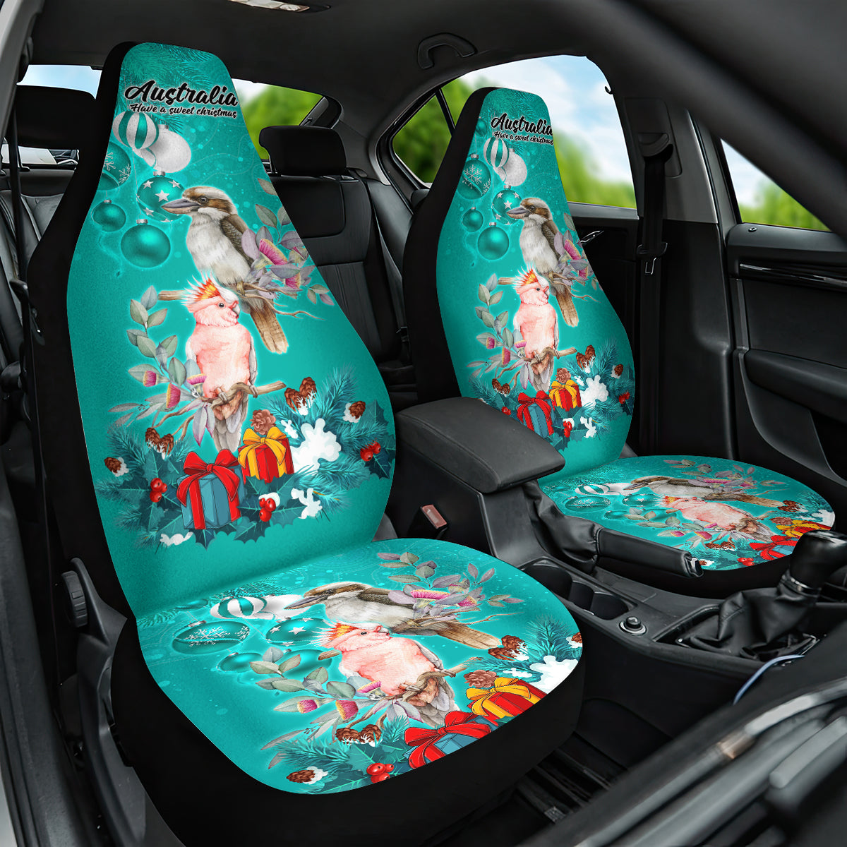 kookaburra-and-cockatoo-car-seat-cover-australia-merry-christmas-aboriginal-teal-style