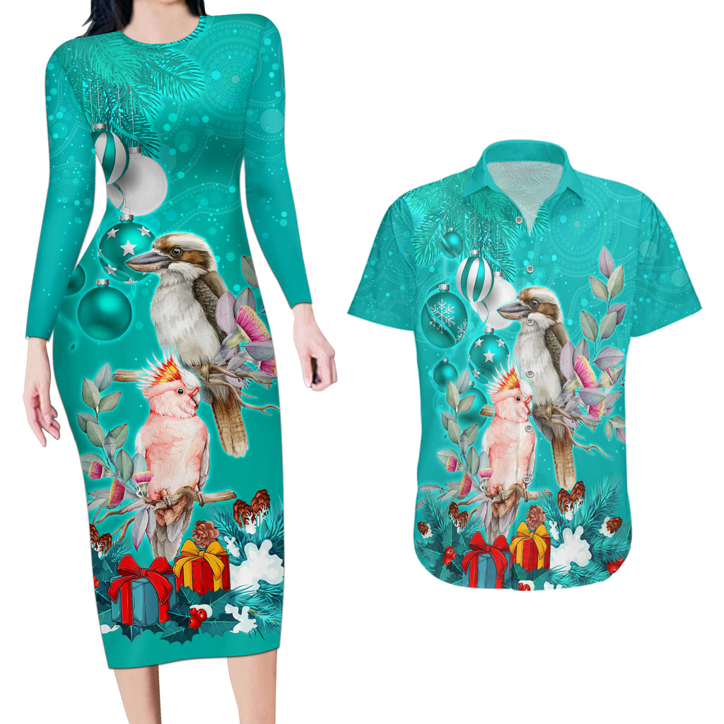 kookaburra-and-cockatoo-couples-matching-long-sleeve-bodycon-dress-and-hawaiian-shirt-australia-merry-christmas-aboriginal-teal-style