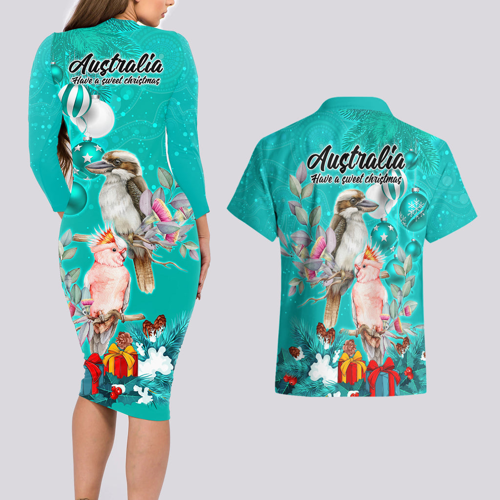 kookaburra-and-cockatoo-couples-matching-long-sleeve-bodycon-dress-and-hawaiian-shirt-australia-merry-christmas-aboriginal-teal-style