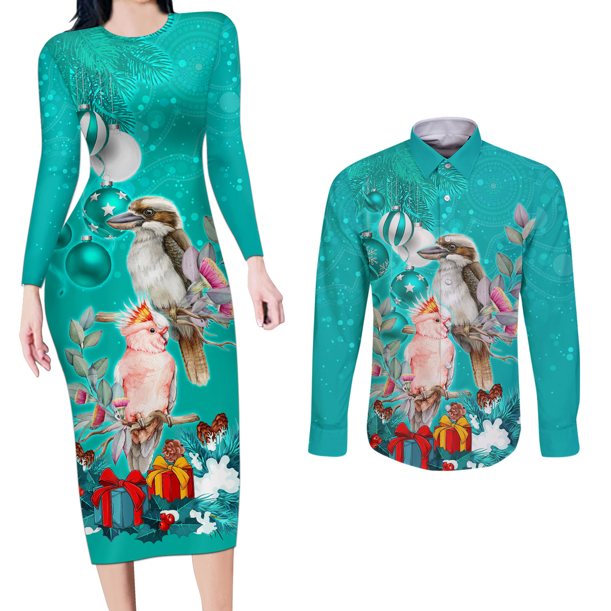 kookaburra-and-cockatoo-couples-matching-long-sleeve-bodycon-dress-and-long-sleeve-button-shirt-australia-merry-christmas-aboriginal-teal-style