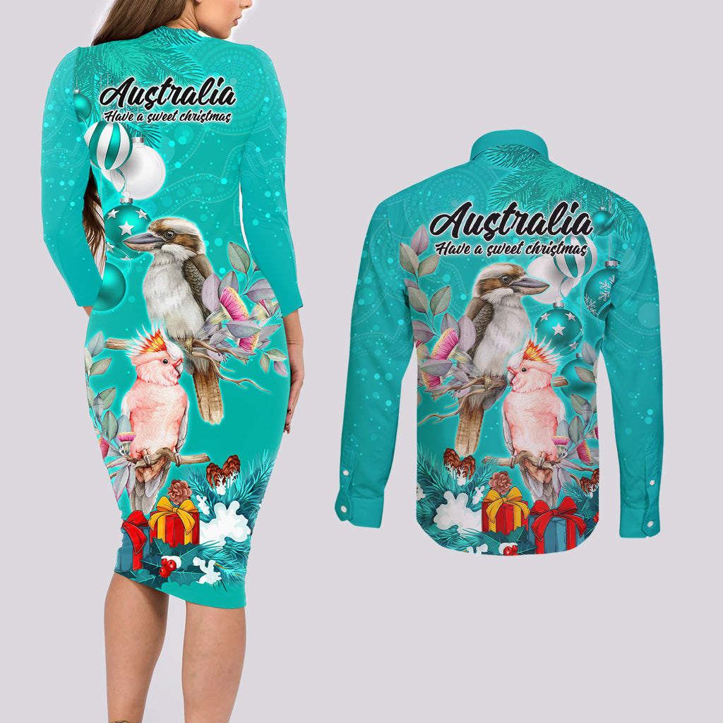 kookaburra-and-cockatoo-couples-matching-long-sleeve-bodycon-dress-and-long-sleeve-button-shirt-australia-merry-christmas-aboriginal-teal-style