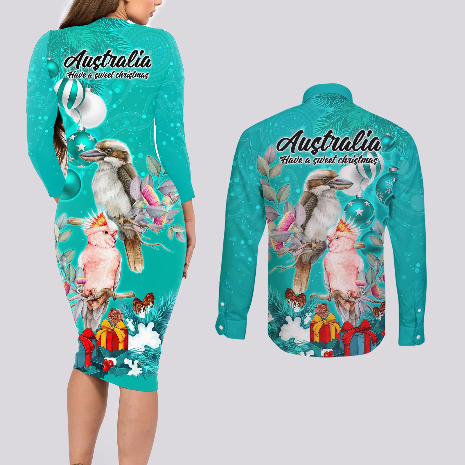kookaburra-and-cockatoo-couples-matching-long-sleeve-bodycon-dress-and-long-sleeve-button-shirt-australia-merry-christmas-aboriginal-teal-style