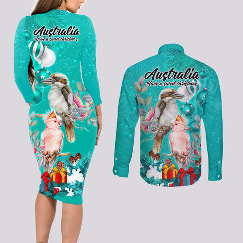 kookaburra-and-cockatoo-couples-matching-long-sleeve-bodycon-dress-and-long-sleeve-button-shirt-australia-merry-christmas-aboriginal-teal-style