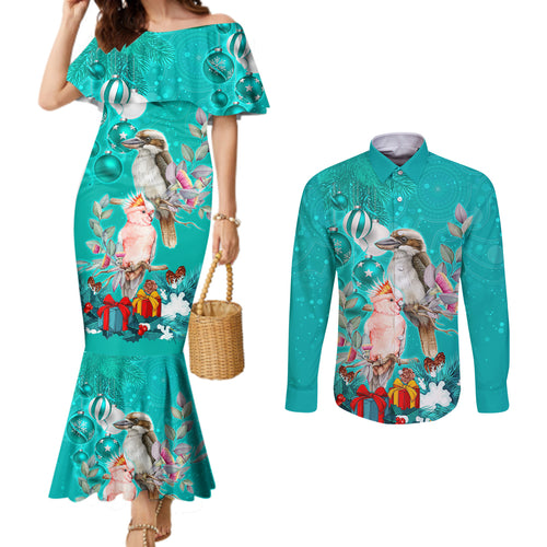 kookaburra-and-cockatoo-couples-matching-mermaid-dress-and-long-sleeve-button-shirt-australia-merry-christmas-aboriginal-teal-style