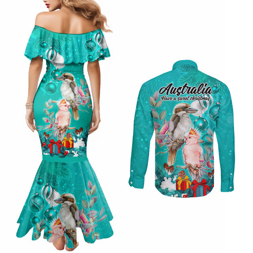 kookaburra-and-cockatoo-couples-matching-mermaid-dress-and-long-sleeve-button-shirt-australia-merry-christmas-aboriginal-teal-style