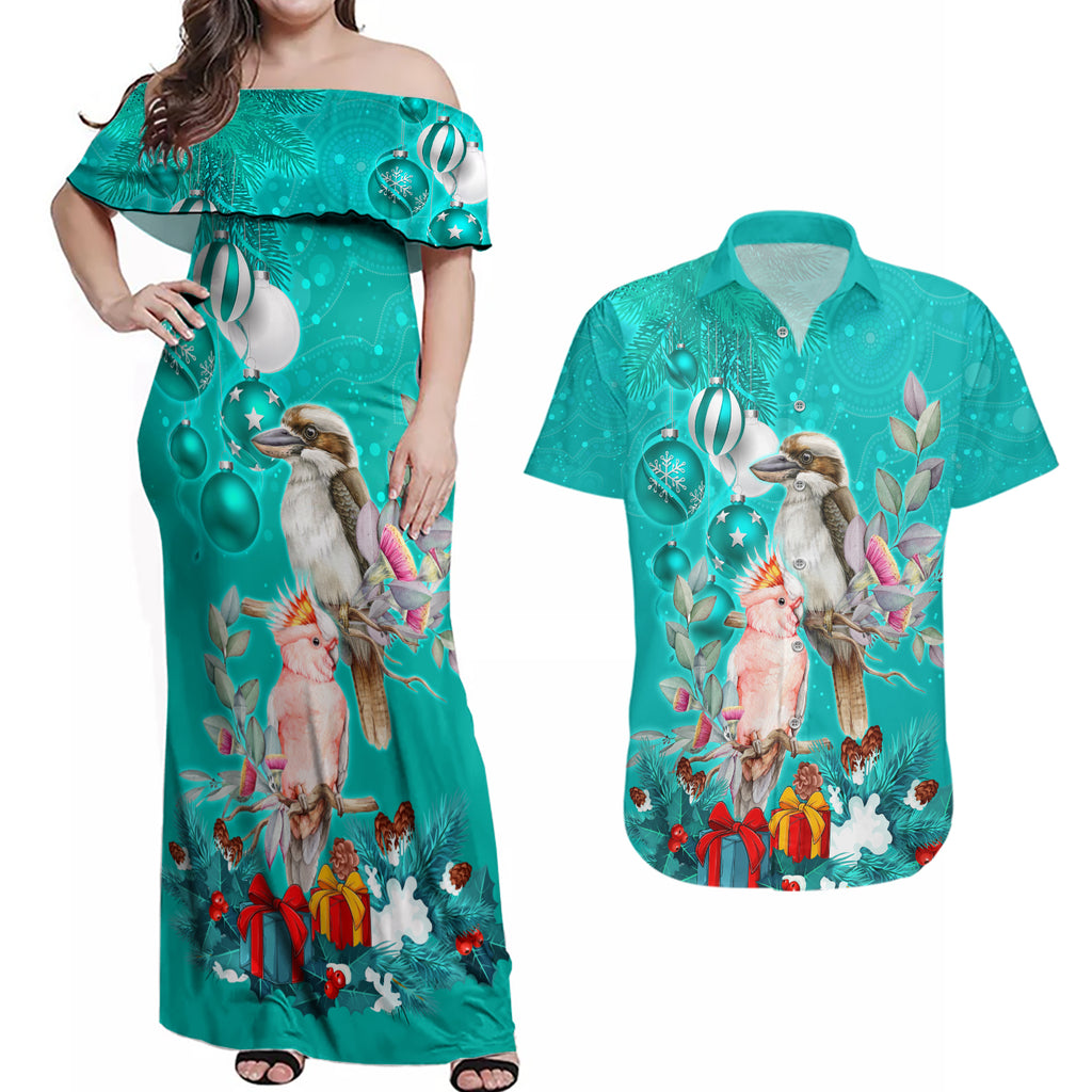 kookaburra-and-cockatoo-couples-matching-off-shoulder-maxi-dress-and-hawaiian-shirt-australia-merry-christmas-aboriginal-teal-style