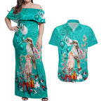 kookaburra-and-cockatoo-couples-matching-off-shoulder-maxi-dress-and-hawaiian-shirt-australia-merry-christmas-aboriginal-teal-style