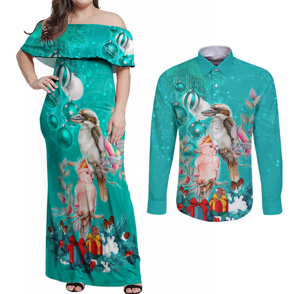 kookaburra-and-cockatoo-couples-matching-off-shoulder-maxi-dress-and-long-sleeve-button-shirt-australia-merry-christmas-aboriginal-teal-style