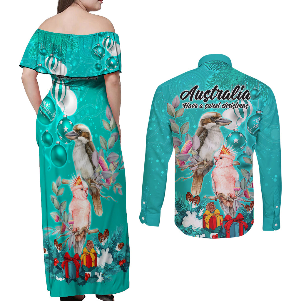 kookaburra-and-cockatoo-couples-matching-off-shoulder-maxi-dress-and-long-sleeve-button-shirt-australia-merry-christmas-aboriginal-teal-style