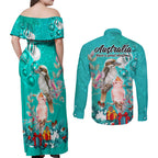 kookaburra-and-cockatoo-couples-matching-off-shoulder-maxi-dress-and-long-sleeve-button-shirt-australia-merry-christmas-aboriginal-teal-style