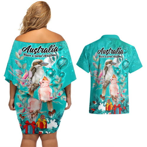 kookaburra-and-cockatoo-couples-matching-off-shoulder-short-dress-and-hawaiian-shirt-australia-merry-christmas-aboriginal-teal-style