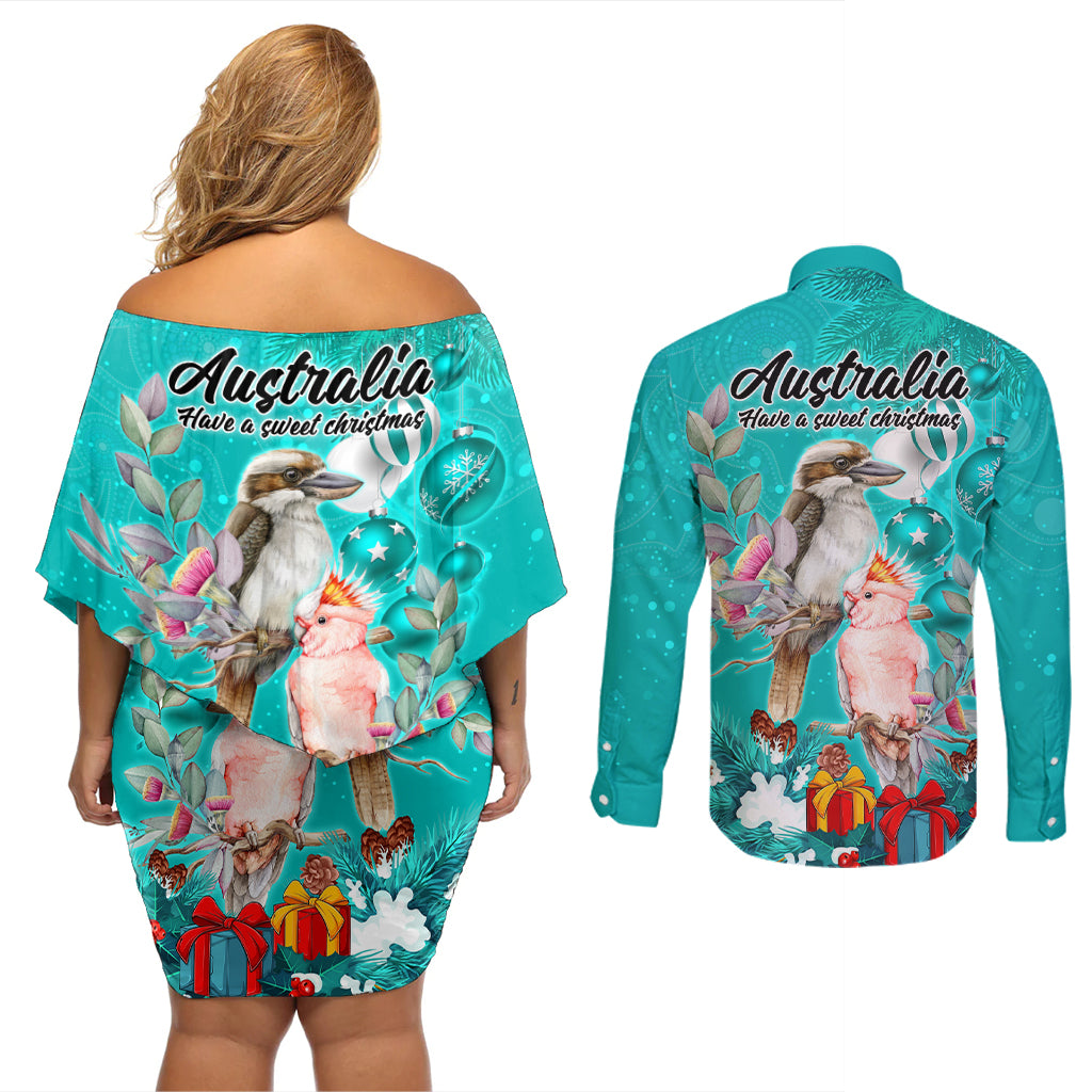 kookaburra-and-cockatoo-couples-matching-off-shoulder-short-dress-and-long-sleeve-button-shirt-australia-merry-christmas-aboriginal-teal-style