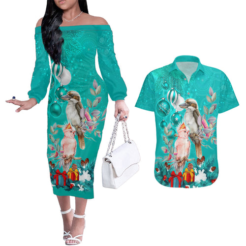 kookaburra-and-cockatoo-couples-matching-off-the-shoulder-long-sleeve-dress-and-hawaiian-shirt-australia-merry-christmas-aboriginal-teal-style