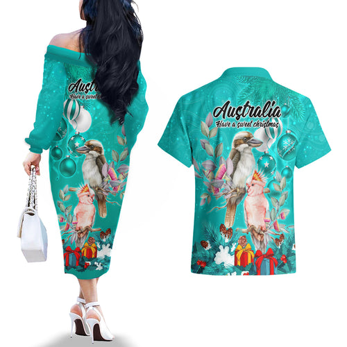 kookaburra-and-cockatoo-couples-matching-off-the-shoulder-long-sleeve-dress-and-hawaiian-shirt-australia-merry-christmas-aboriginal-teal-style