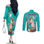 kookaburra-and-cockatoo-couples-matching-off-the-shoulder-long-sleeve-dress-and-long-sleeve-button-shirt-australia-merry-christmas-aboriginal-teal-style