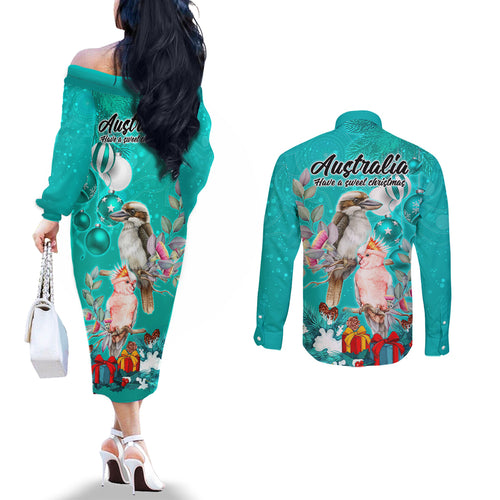 kookaburra-and-cockatoo-couples-matching-off-the-shoulder-long-sleeve-dress-and-long-sleeve-button-shirt-australia-merry-christmas-aboriginal-teal-style