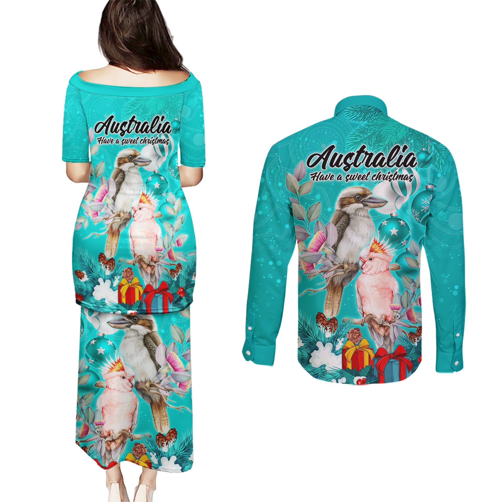 kookaburra-and-cockatoo-couples-matching-puletasi-dress-and-long-sleeve-button-shirt-australia-merry-christmas-aboriginal-teal-style