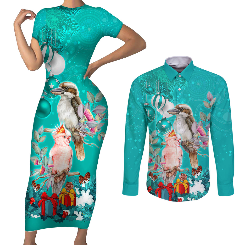 kookaburra-and-cockatoo-couples-matching-short-sleeve-bodycon-dress-and-long-sleeve-button-shirt-australia-merry-christmas-aboriginal-teal-style