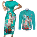 kookaburra-and-cockatoo-couples-matching-short-sleeve-bodycon-dress-and-long-sleeve-button-shirt-australia-merry-christmas-aboriginal-teal-style