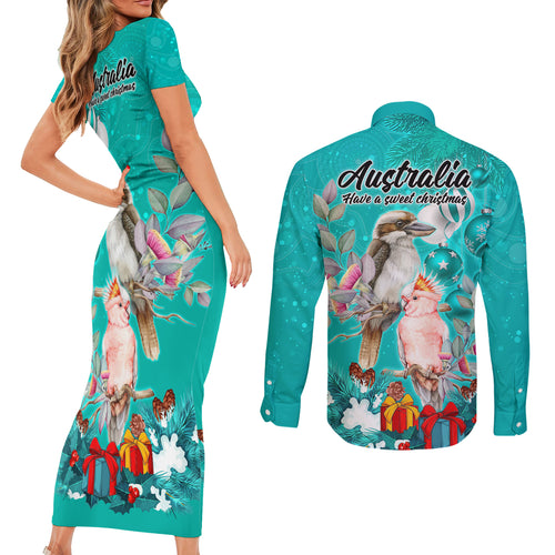 kookaburra-and-cockatoo-couples-matching-short-sleeve-bodycon-dress-and-long-sleeve-button-shirt-australia-merry-christmas-aboriginal-teal-style