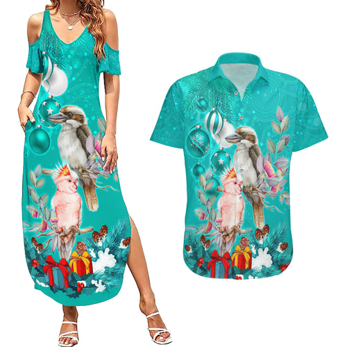 kookaburra-and-cockatoo-couples-matching-summer-maxi-dress-and-hawaiian-shirt-australia-merry-christmas-aboriginal-teal-style