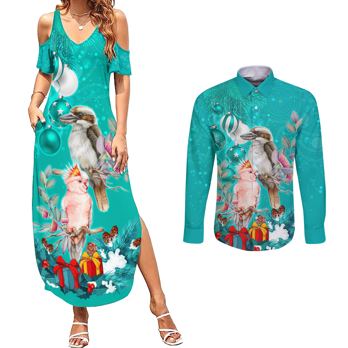 kookaburra-and-cockatoo-couples-matching-summer-maxi-dress-and-long-sleeve-button-shirt-australia-merry-christmas-aboriginal-teal-style