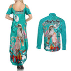 kookaburra-and-cockatoo-couples-matching-summer-maxi-dress-and-long-sleeve-button-shirt-australia-merry-christmas-aboriginal-teal-style