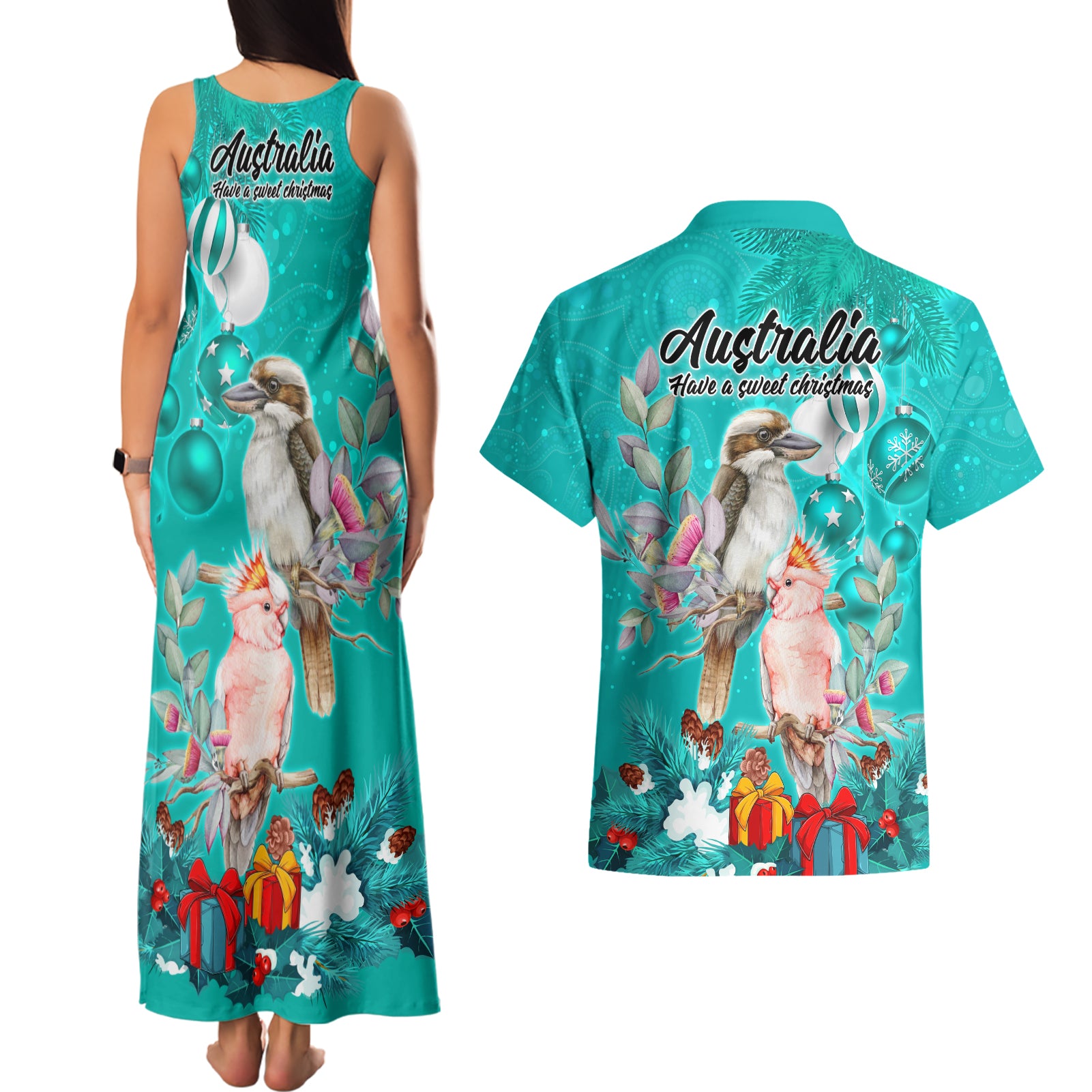 kookaburra-and-cockatoo-couples-matching-tank-maxi-dress-and-hawaiian-shirt-australia-merry-christmas-aboriginal-teal-style