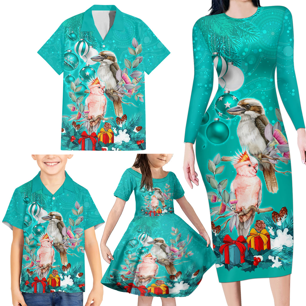 kookaburra-and-cockatoo-family-matching-long-sleeve-bodycon-dress-and-hawaiian-shirt-australia-merry-christmas-aboriginal-teal-style