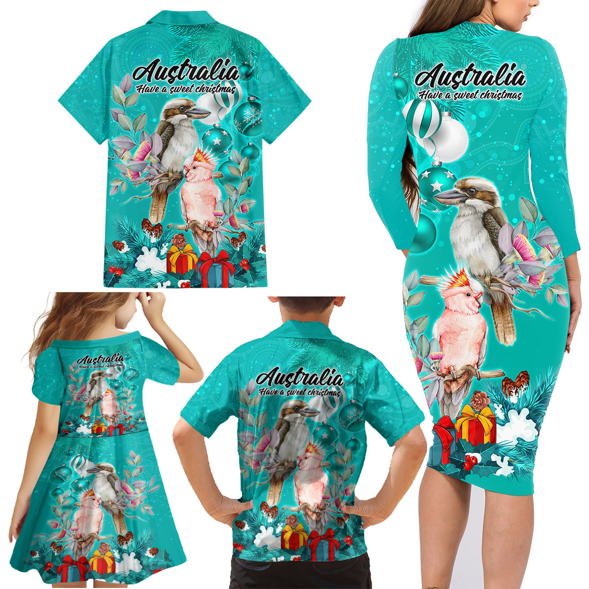 kookaburra-and-cockatoo-family-matching-long-sleeve-bodycon-dress-and-hawaiian-shirt-australia-merry-christmas-aboriginal-teal-style