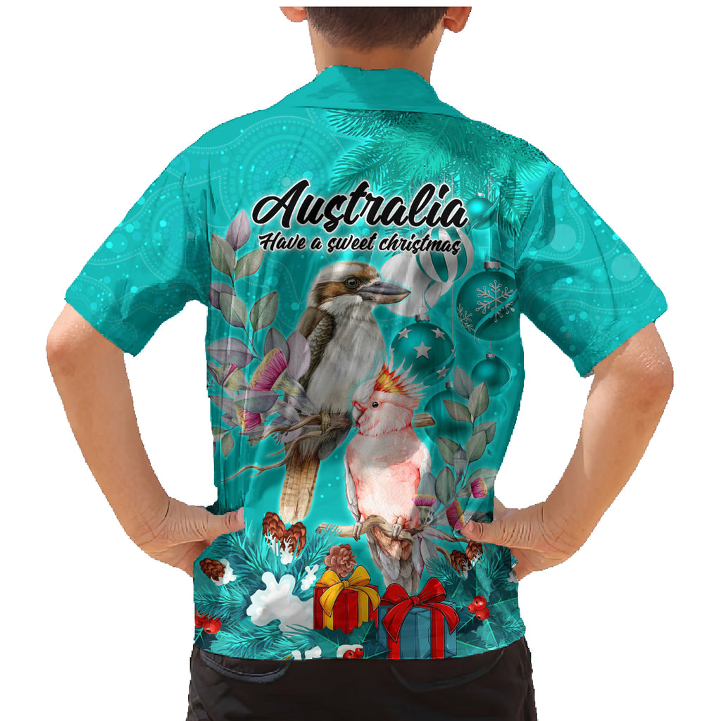 kookaburra-and-cockatoo-family-matching-mermaid-dress-and-hawaiian-shirt-australia-merry-christmas-aboriginal-teal-style