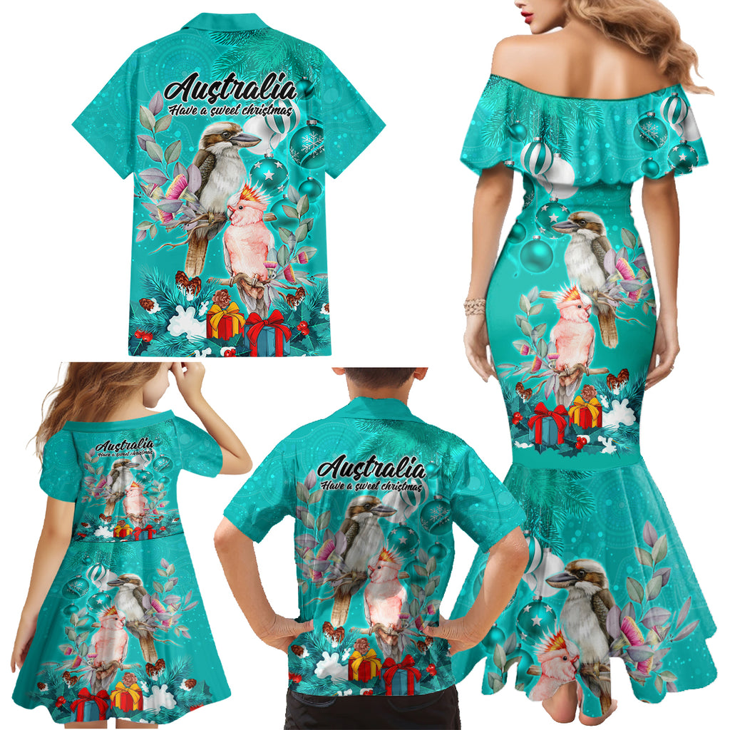 kookaburra-and-cockatoo-family-matching-mermaid-dress-and-hawaiian-shirt-australia-merry-christmas-aboriginal-teal-style
